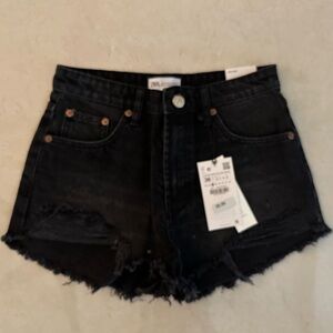 Zara Black Denim Shorts with Distressed Hem